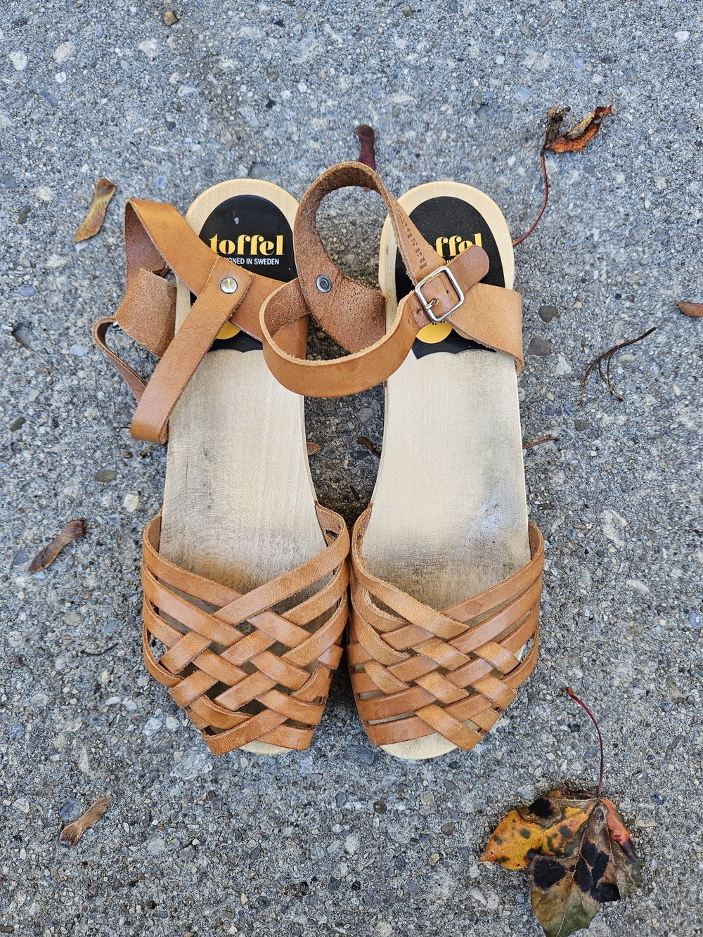 Toffel Swedish Hasbeens Tan Woven Leather Clog Sandals